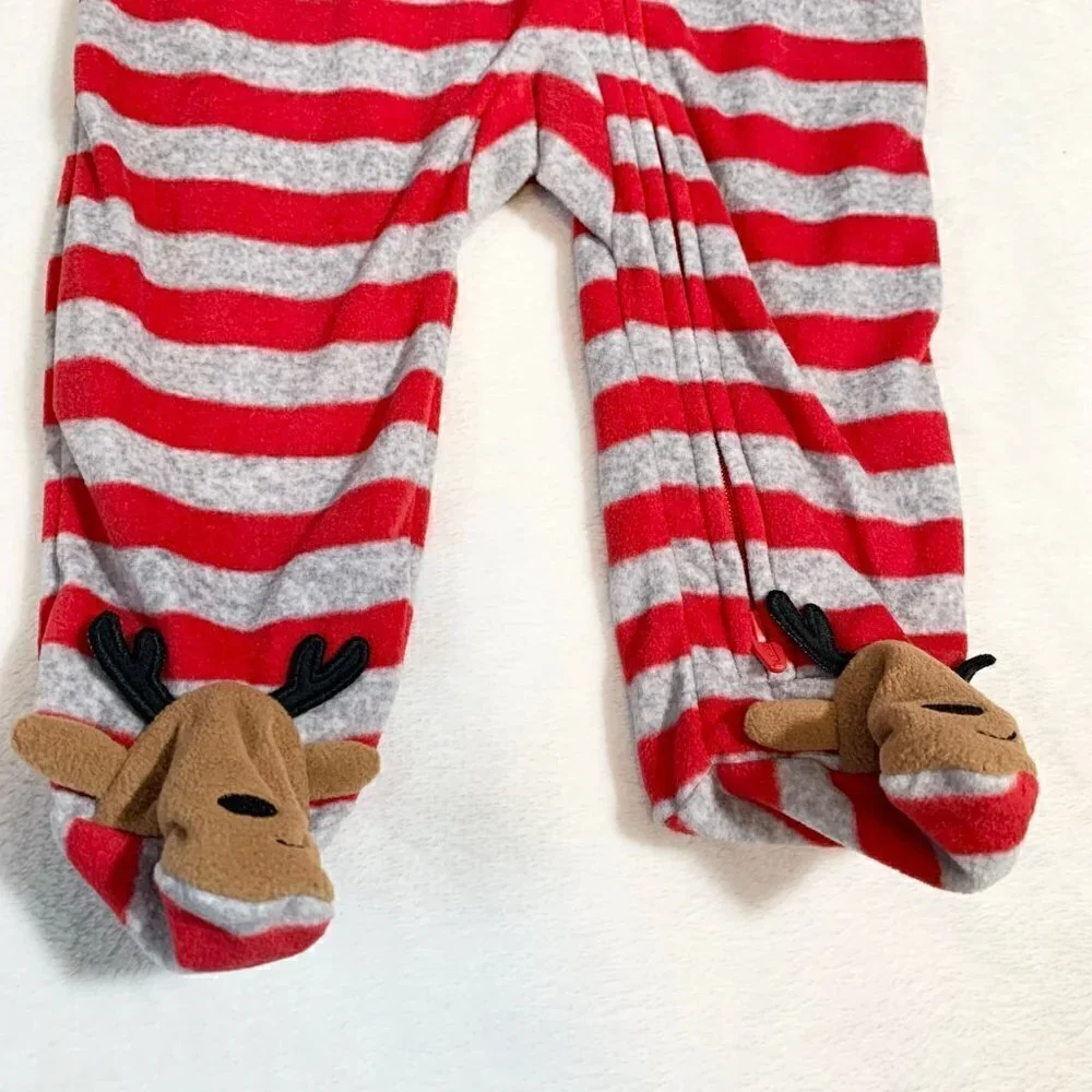 5/$25 NEW Carter's 6m Red Grey‎ Stripe Reindeer Fleece Footed Pajamas Sleeper